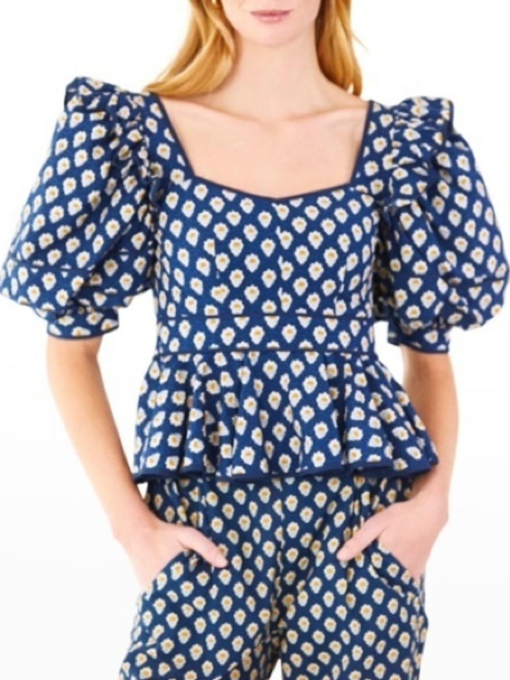 Hunter Bell Puff-Sleeve Floral Poplin Peplum Top 8